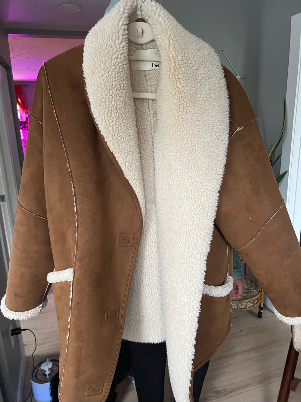 Aritzia Tan Shearling-Style Coat with Cream Sherpa Lining